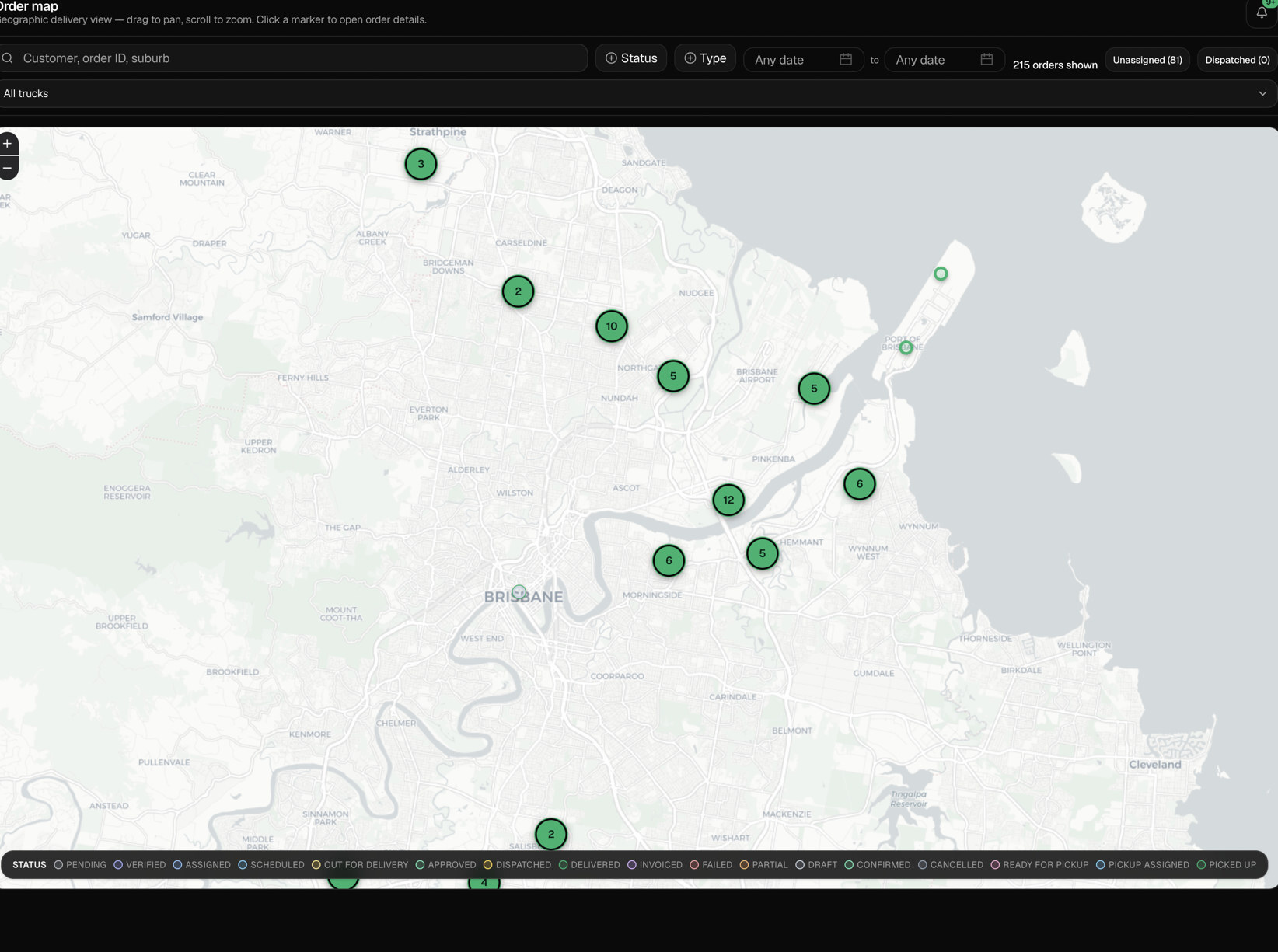 Order map with clustered delivery and pickup markers across a city